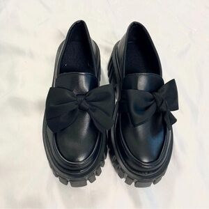 NEW Y2K Chunky Bow Black Faux Leather Platform Loafers